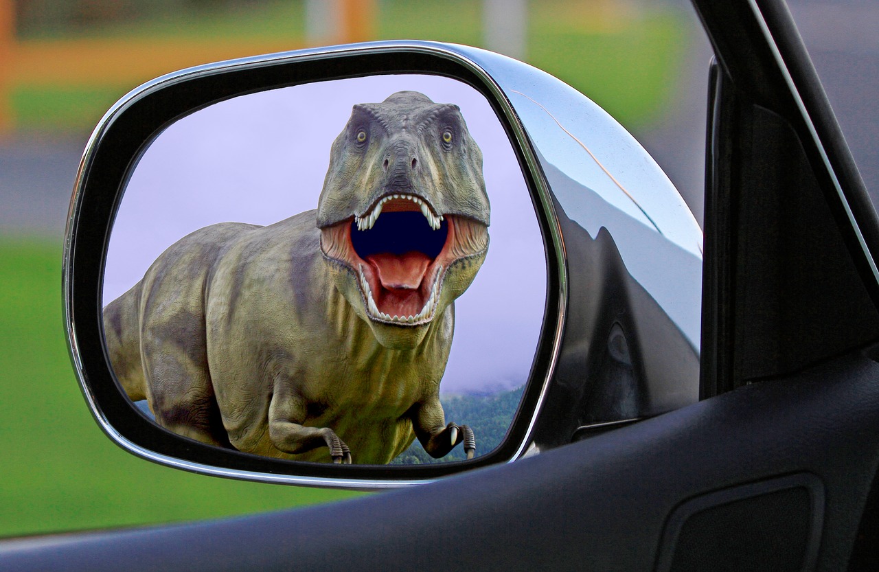 dinosaur in wing mirror